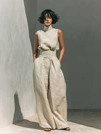Women's Linen-Look Wide-Leg Trouser Co-ord Set with Roll Neck Top - Maisie London