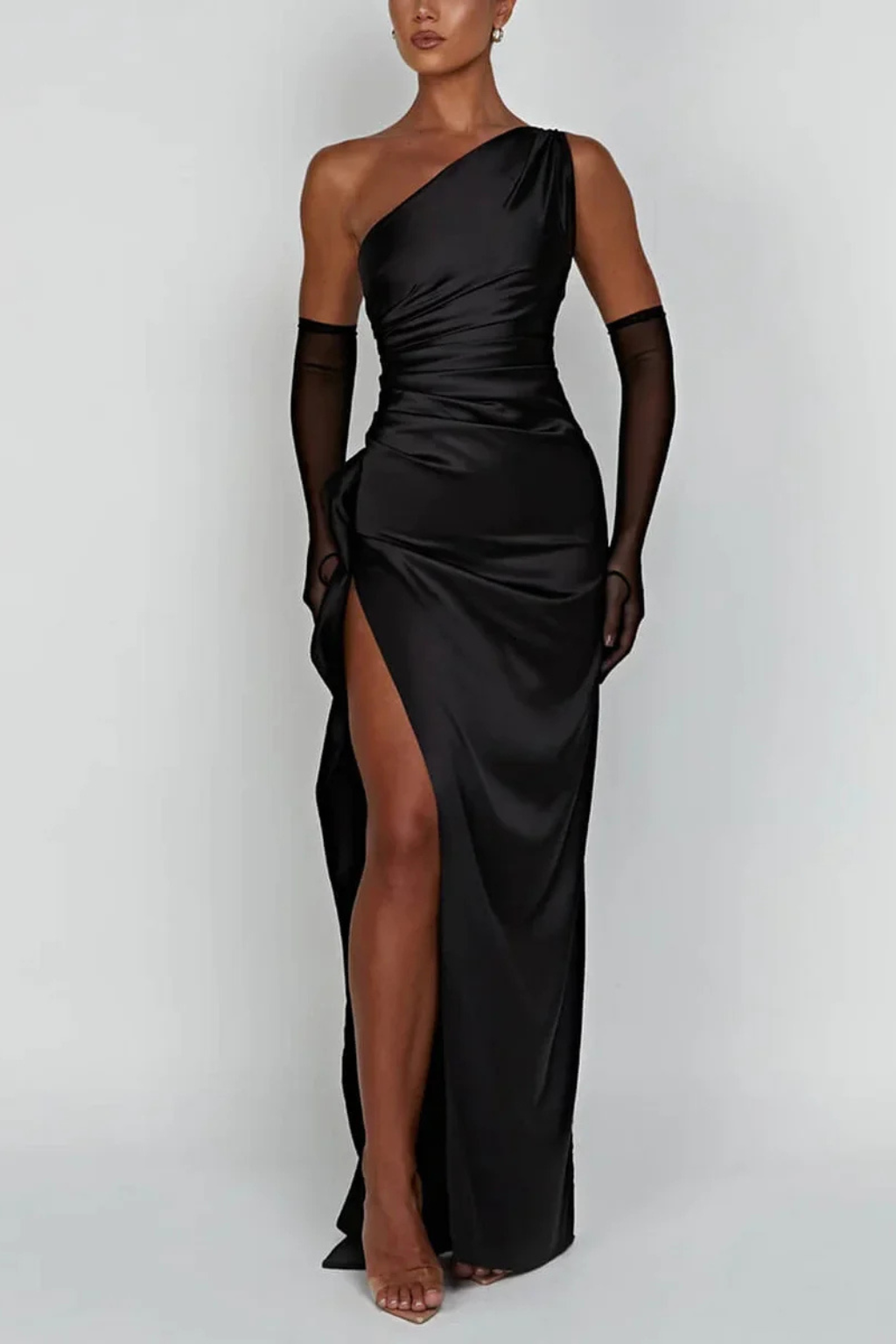 Women's Satin One-Shoulder Maxi Dress with Side Split and Ruching - Maisie London