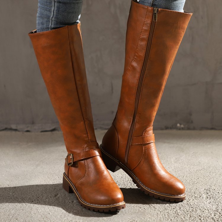 Women's Faux Leather Knee-High Boots with Buckle Strap and Block Heel - Maisie London