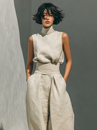 Women's Linen-Look Wide-Leg Trouser Co-ord Set with Roll Neck Top - Maisie London