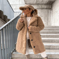Women's Teddy Longline Coat with Notched Collar and Button-Front - Maisie London