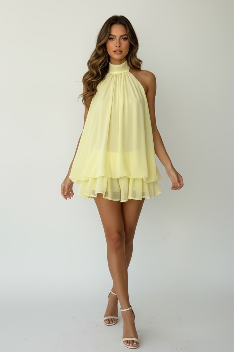 Women's Chiffon A-Line Mini Dress with Halterneck and Tiered Hem - Maisie London