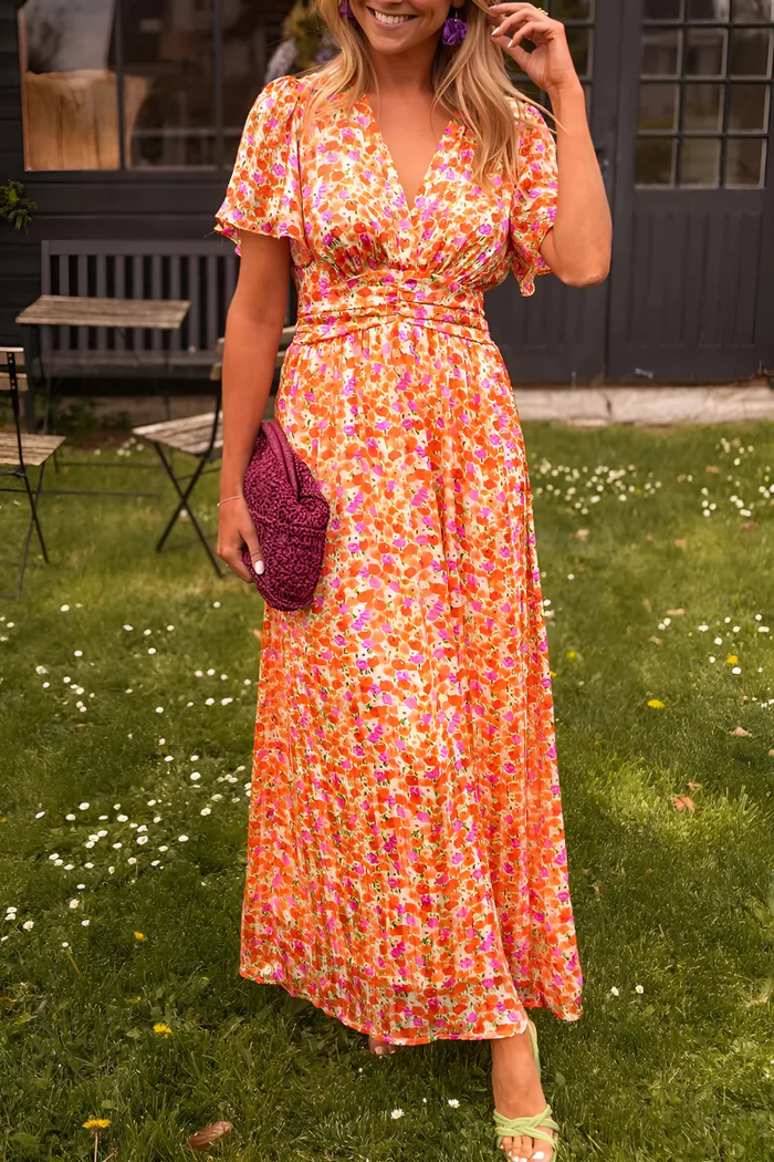 Women's Floral Wrap Maxi Dress with V-Neck and Flutter Sleeves - Maisie London