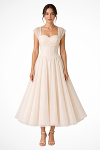 Women's Tulle A-Line Midi Dress with Sweetheart Neck and Cap Sleeves - Maisie London