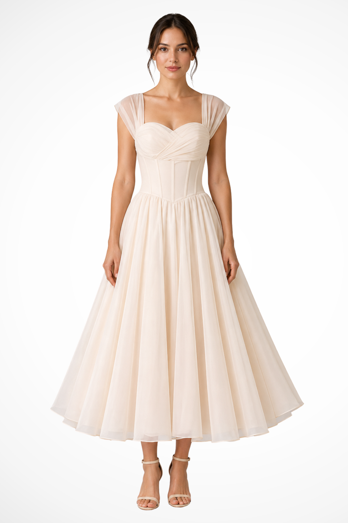 Women's Tulle A-Line Midi Dress with Sweetheart Neck and Cap Sleeves - Maisie London