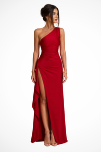 Women's Satin One-Shoulder Maxi Dress with Side Split and Ruching - Maisie London