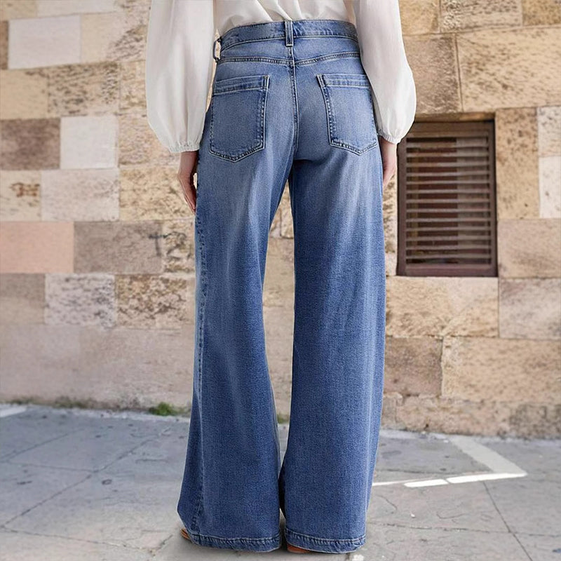 Women's Blue Denim High-Waisted Wide-Leg Jeans with Belt Loops - Maisie London