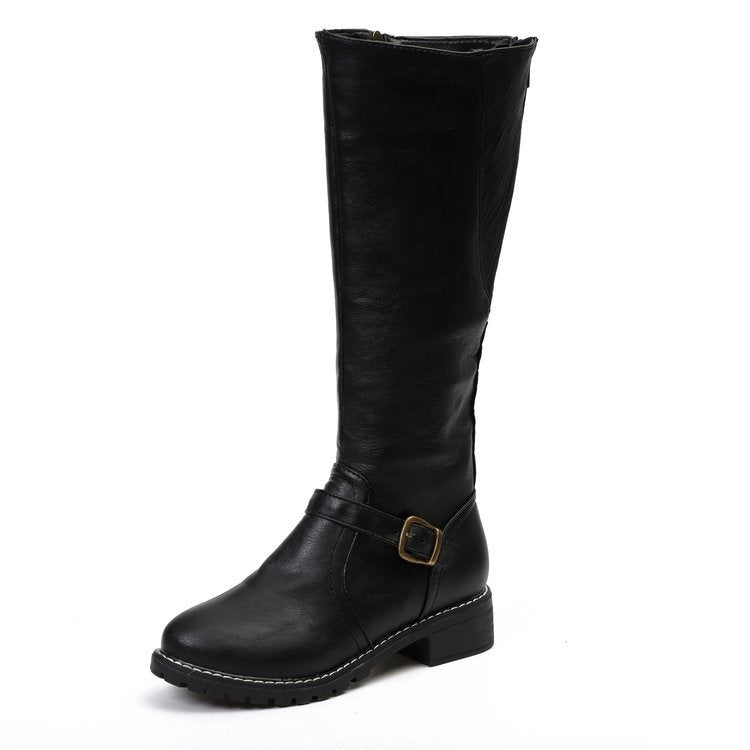 Women's Faux Leather Knee-High Boots with Buckle Strap and Block Heel - Maisie London