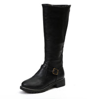 Women's Faux Leather Knee-High Boots with Buckle Strap and Block Heel - Maisie London