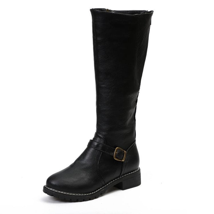 Women's Faux Leather Knee-High Boots with Buckle Strap and Block Heel - Maisie London