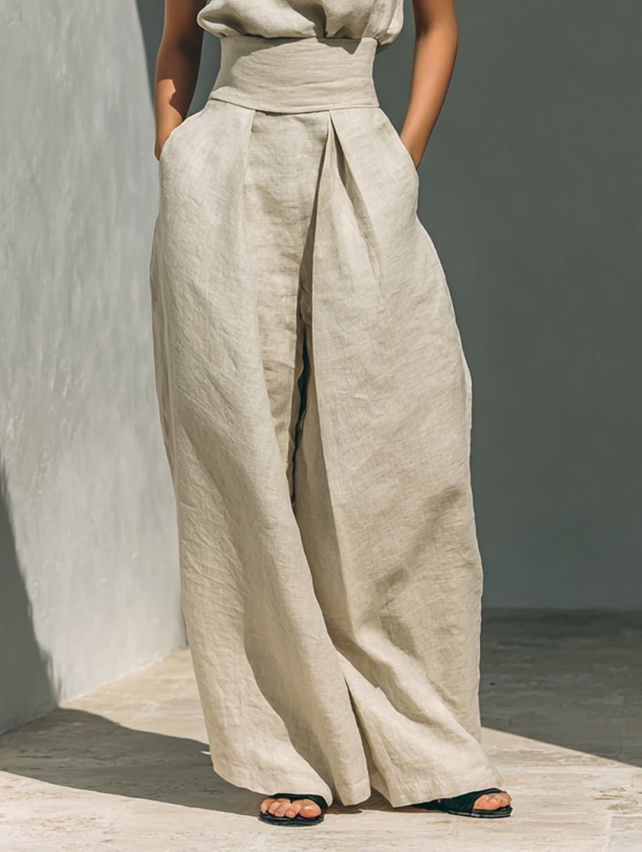 Women's Linen-Look Wide-Leg Trouser Co-ord Set with Roll Neck Top - Maisie London
