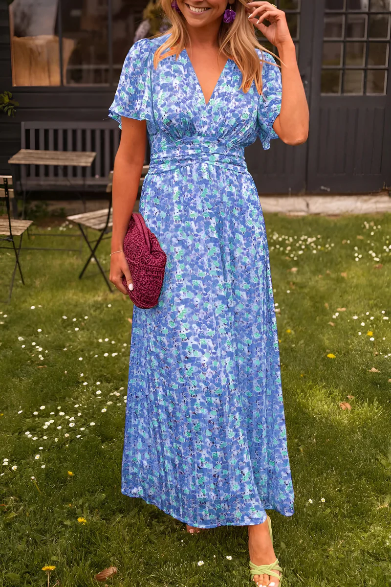 Women's Floral Wrap Maxi Dress with V-Neck and Flutter Sleeves - Maisie London