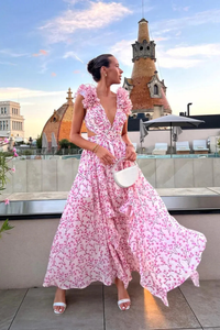 Women's Floral Chiffon Maxi Dress with Ruffle Sleeves and V-Neck - Maisie London