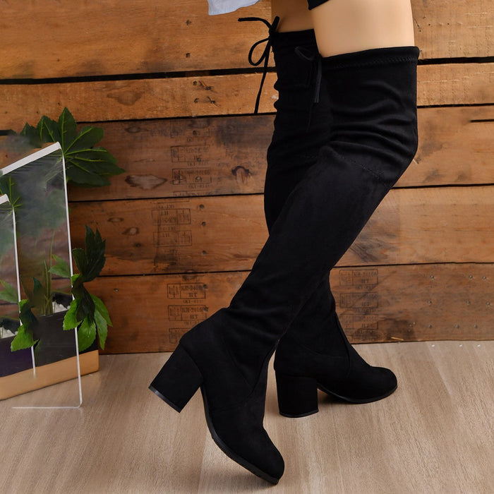 Women's Black Faux Suede Thigh-High Boots with Block Heel and Tie - Maisie London