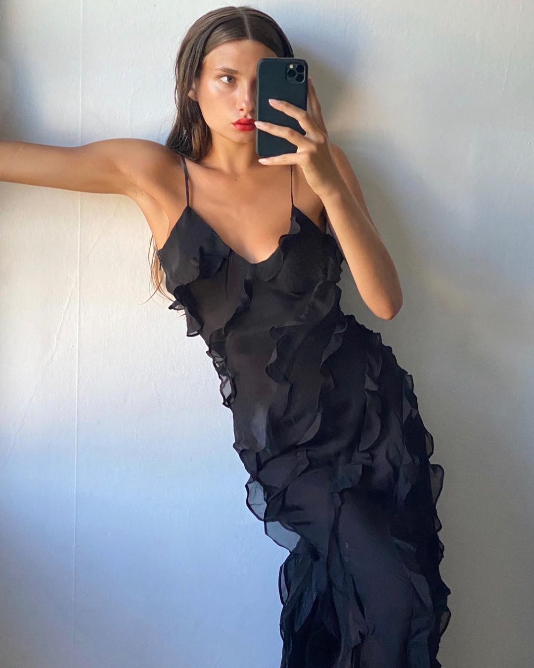 Women's Chiffon Ruffle Maxi Dress with V-Neck and Front Split - Maisie London