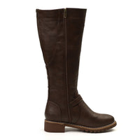 Women's Faux Leather Knee-High Boots with Buckle Strap and Block Heel - Maisie London