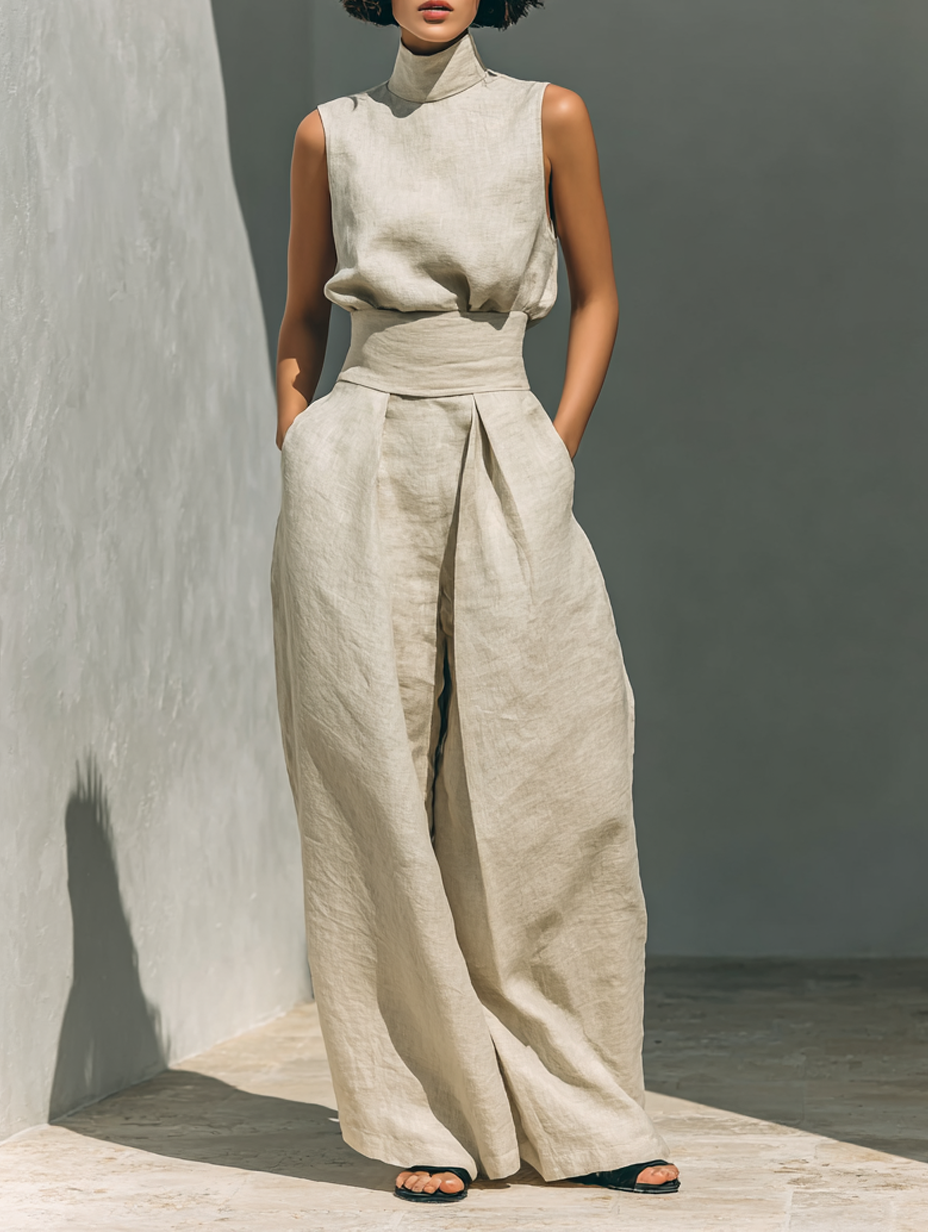 Women's Linen-Look Wide-Leg Trouser Co-ord Set with Roll Neck Top - Maisie London