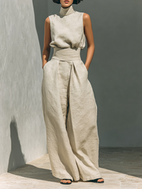 Women's Linen-Look Wide-Leg Trouser Co-ord Set with Roll Neck Top - Maisie London