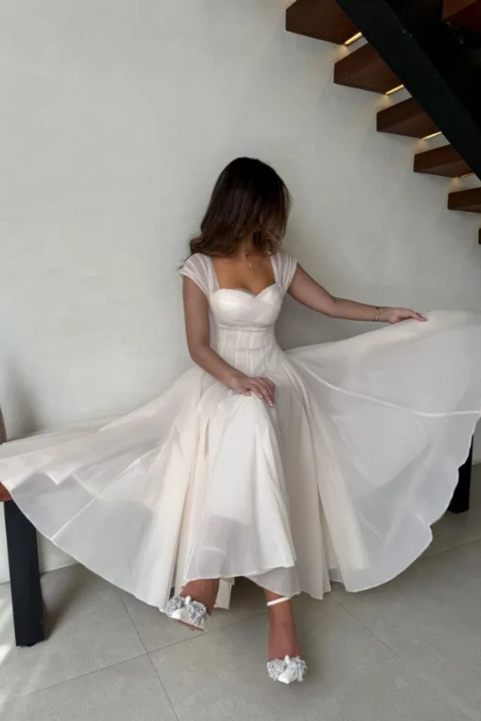 Women's Tulle A-Line Midi Dress with Sweetheart Neck and Cap Sleeves - Maisie London