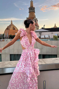 Women's Floral Chiffon Maxi Dress with Ruffle Sleeves and V-Neck - Maisie London