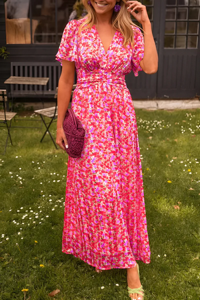 Women's Floral Wrap Maxi Dress with V-Neck and Flutter Sleeves - Maisie London
