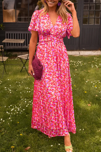 Women's Floral Wrap Maxi Dress with V-Neck and Flutter Sleeves - Maisie London