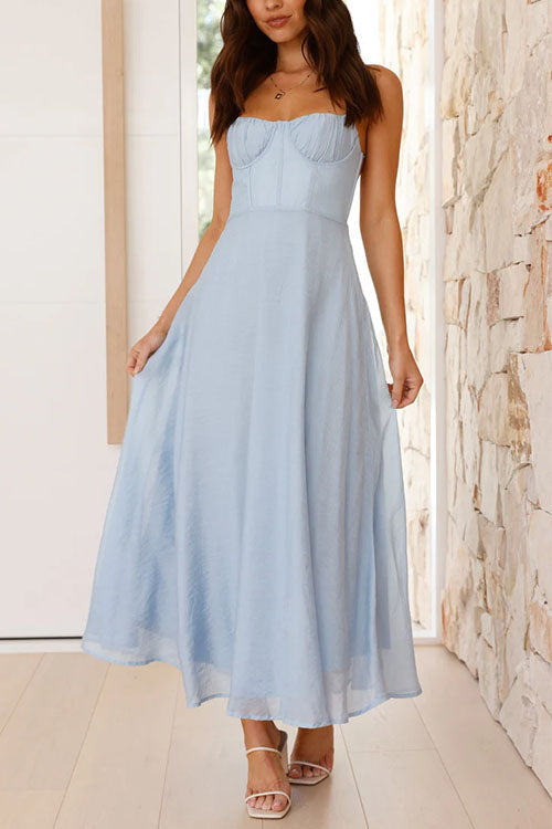 Women's Light Blue Maxi Dress with Sweetheart Neck and Tie Back - Maisie London