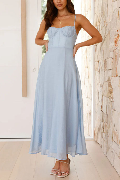 Women's Light Blue Maxi Dress with Sweetheart Neck and Tie Back - Maisie London
