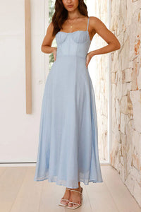 Women's Light Blue Maxi Dress with Sweetheart Neck and Tie Back - Maisie London