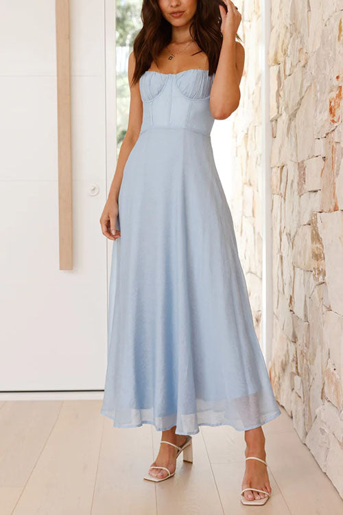 Women's Light Blue Maxi Dress with Sweetheart Neck and Tie Back - Maisie London