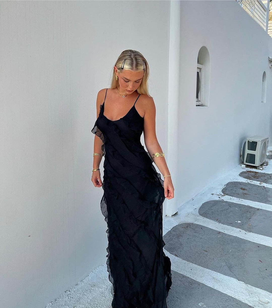 Women's Chiffon Ruffle Maxi Dress with V-Neck and Front Split - Maisie London