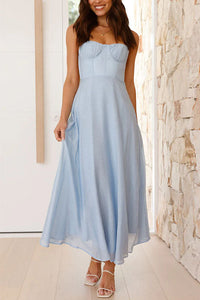 Women's Light Blue Maxi Dress with Sweetheart Neck and Tie Back - Maisie London