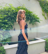 Women's Chiffon Ruffle Maxi Dress with V-Neck and Front Split - Maisie London