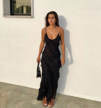 Women's Chiffon Ruffle Maxi Dress with V-Neck and Front Split - Maisie London