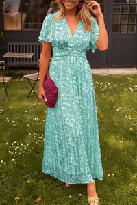 Women's Floral Wrap Maxi Dress with V-Neck and Flutter Sleeves - Maisie London