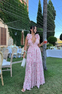 Women's Floral Chiffon Maxi Dress with Ruffle Sleeves and V-Neck - Maisie London