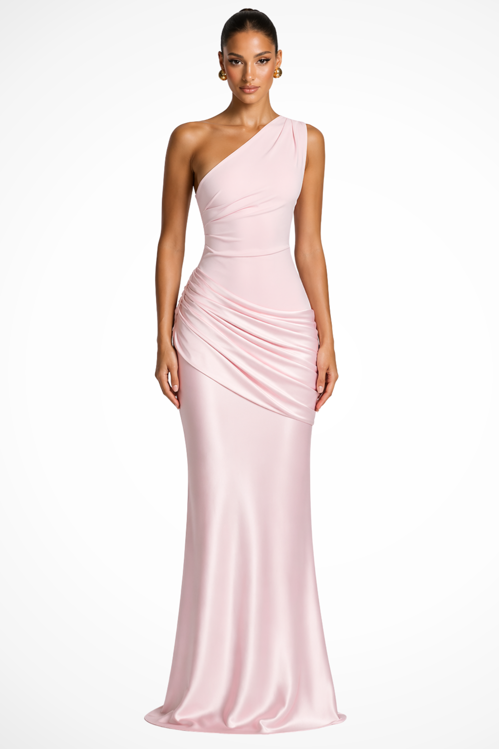 Women's Satin One-Shoulder Maxi Dress with Ruched Hip and Fishtail - Maisie London