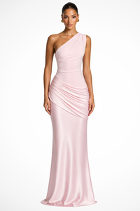 Women's Satin One-Shoulder Maxi Dress with Ruched Hip and Fishtail - Maisie London