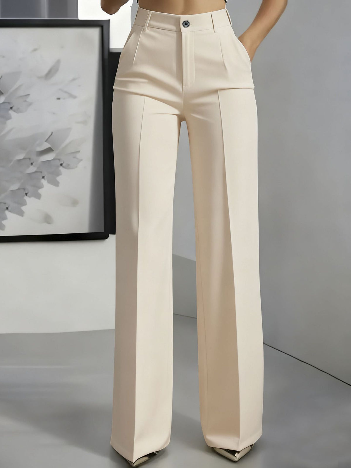 Women's High-Waisted Wide-Leg Tailored Trousers with Front Creases - Maisie London