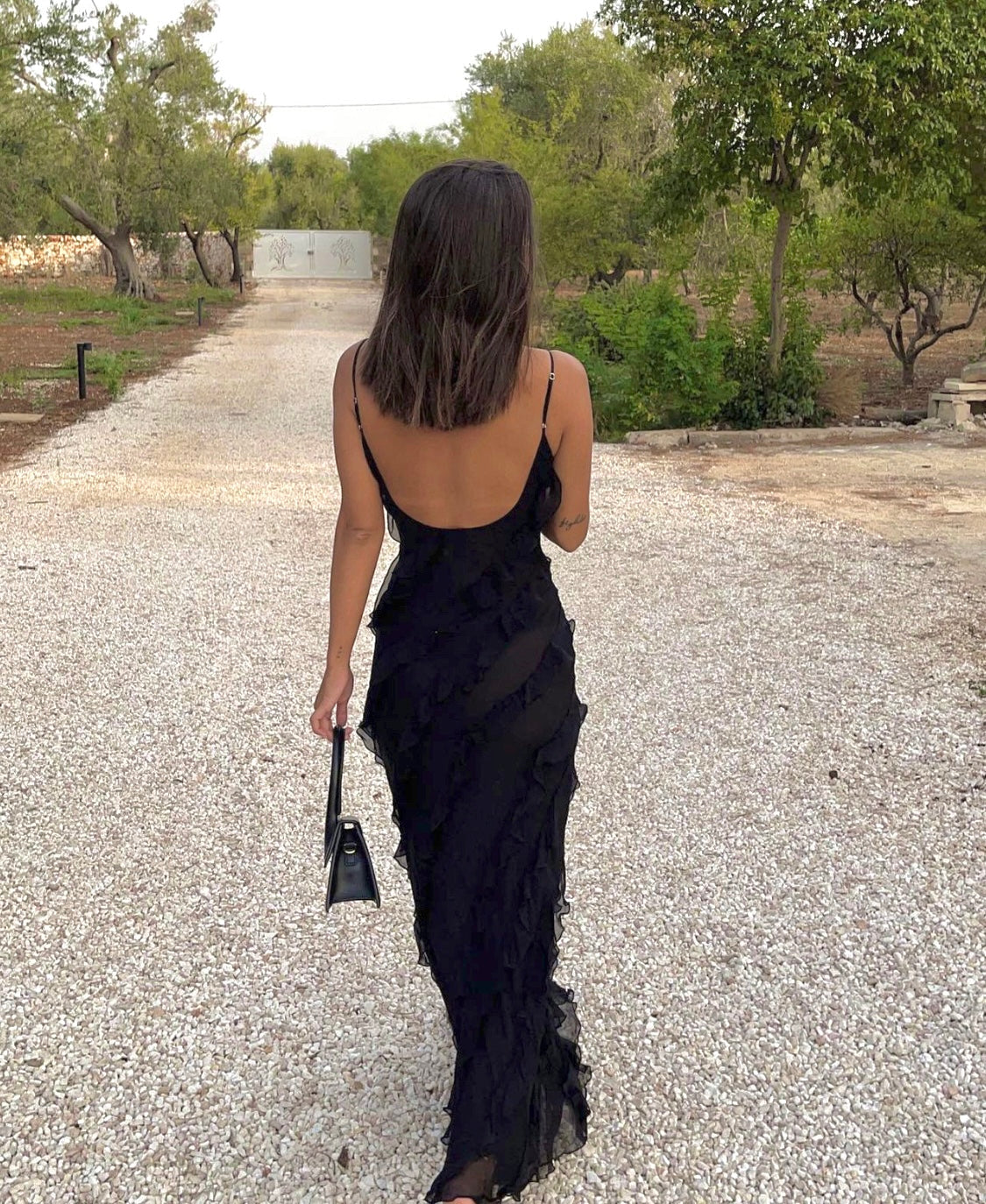 Women's Chiffon Ruffle Maxi Dress with V-Neck and Front Split - Maisie London