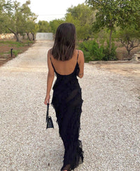 Women's Chiffon Ruffle Maxi Dress with V-Neck and Front Split - Maisie London