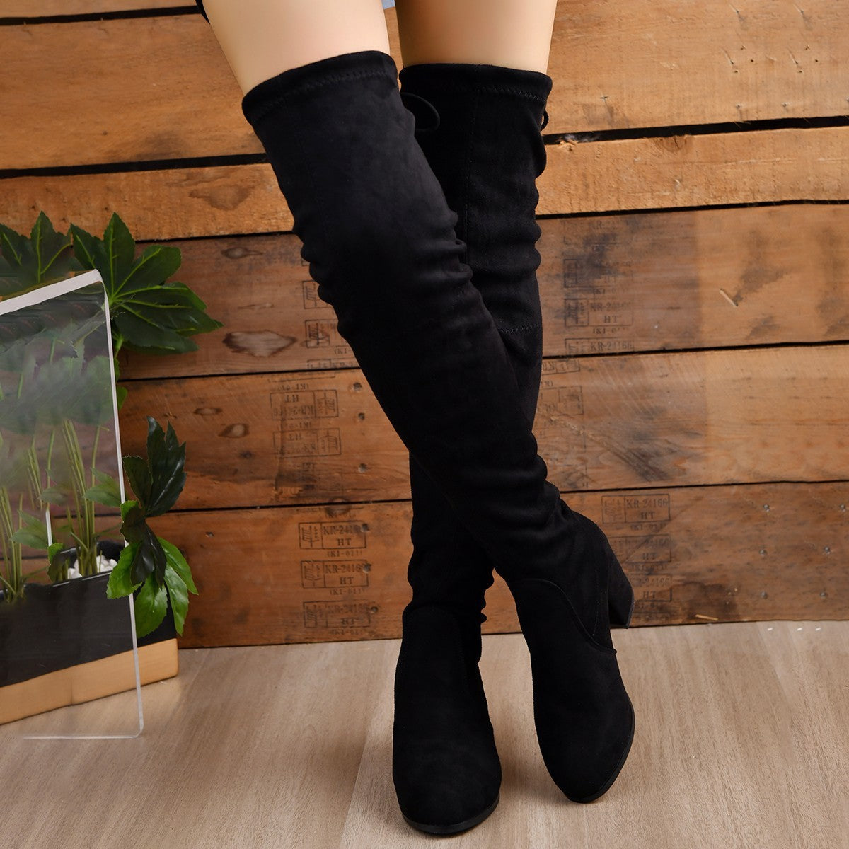 Women's Black Faux Suede Thigh-High Boots with Block Heel and Tie - Maisie London