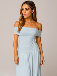Women's Off-Shoulder Pleated Maxi Dress with Fitted Jersey Bodice - Maisie London