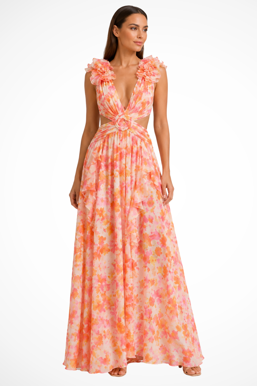 Women's Floral Chiffon Maxi Dress with Ruffle Sleeves and V-Neck - Maisie London