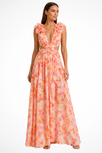 Women's Floral Chiffon Maxi Dress with Ruffle Sleeves and V-Neck - Maisie London