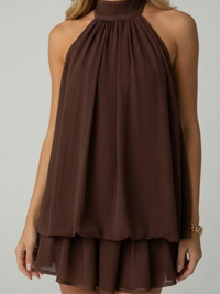 Women's Chiffon A-Line Mini Dress with Halterneck and Tiered Hem - Maisie London