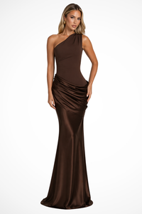 Women's Satin One-Shoulder Maxi Dress with Ruched Hip and Fishtail - Maisie London