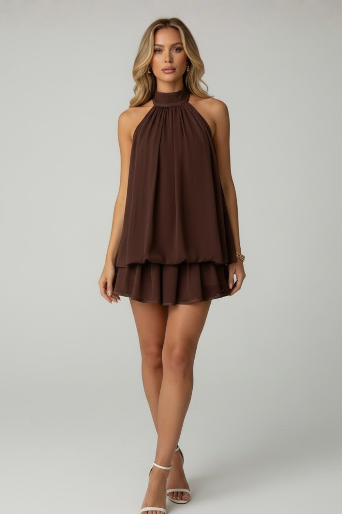 Women's Chiffon A-Line Mini Dress with Halterneck and Tiered Hem - Maisie London