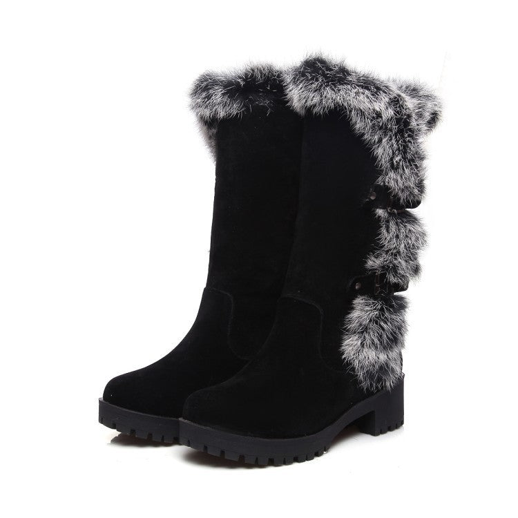 Women's Faux Suede Mid-Calf Snow Boots with Faux Fur Trim and Buckles - Maisie London
