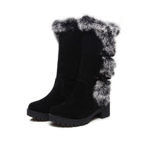 Women's Faux Suede Mid-Calf Snow Boots with Faux Fur Trim and Buckles - Maisie London